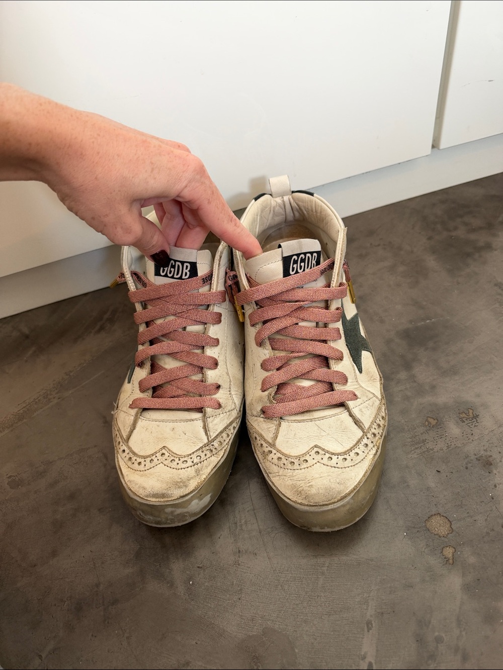 Golden Goose White Leather Sneakers with Pink Laces and Green Star